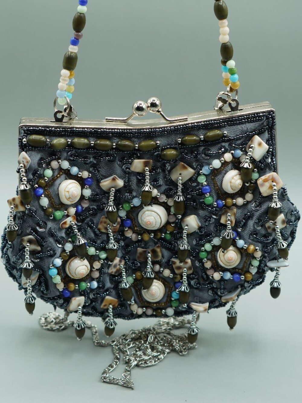 Vintage Beaded Shell Kiss-Lock Evening Bag Coastal Boho Statement Clutch
